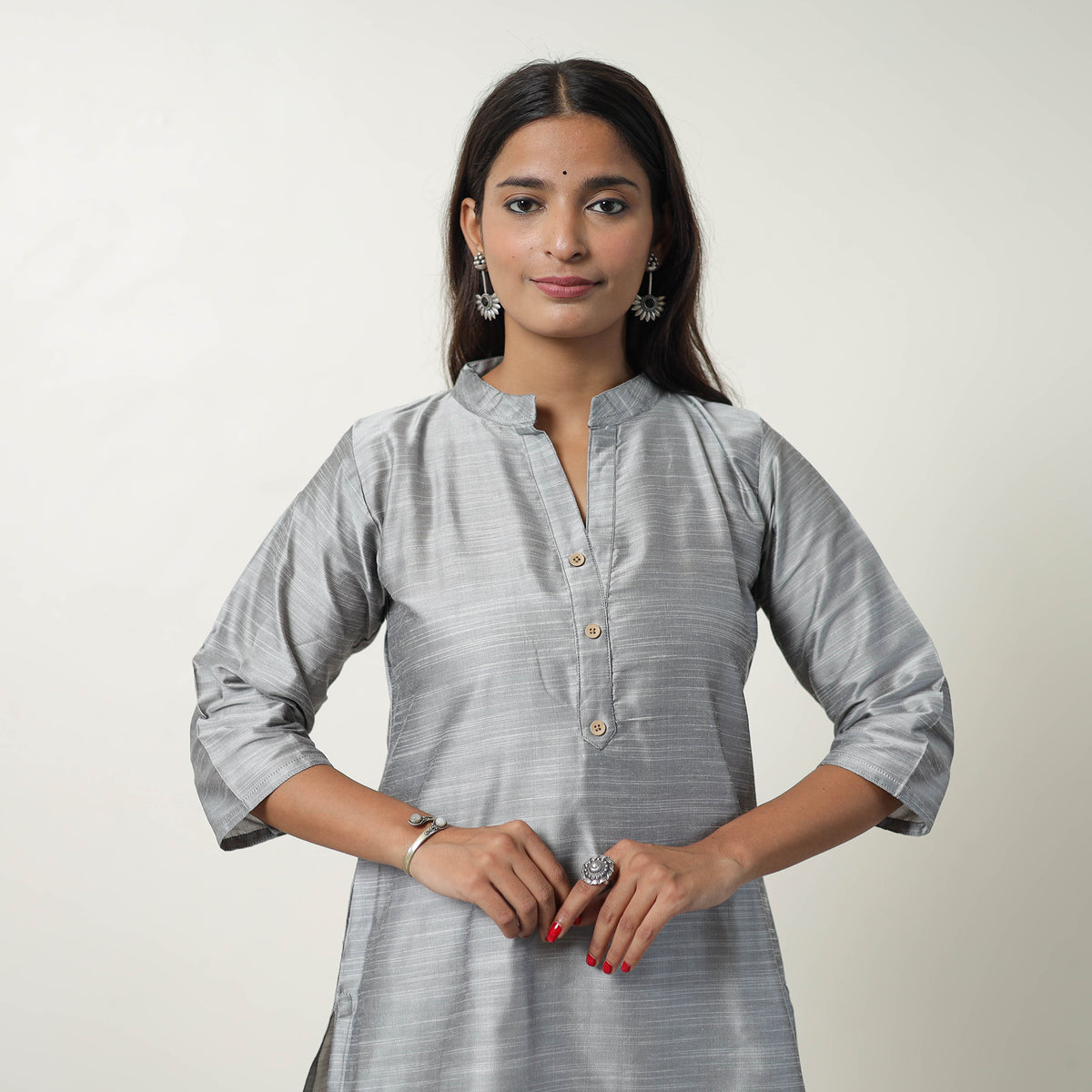 Raha Grey Slub Silk Short Plain Kurta