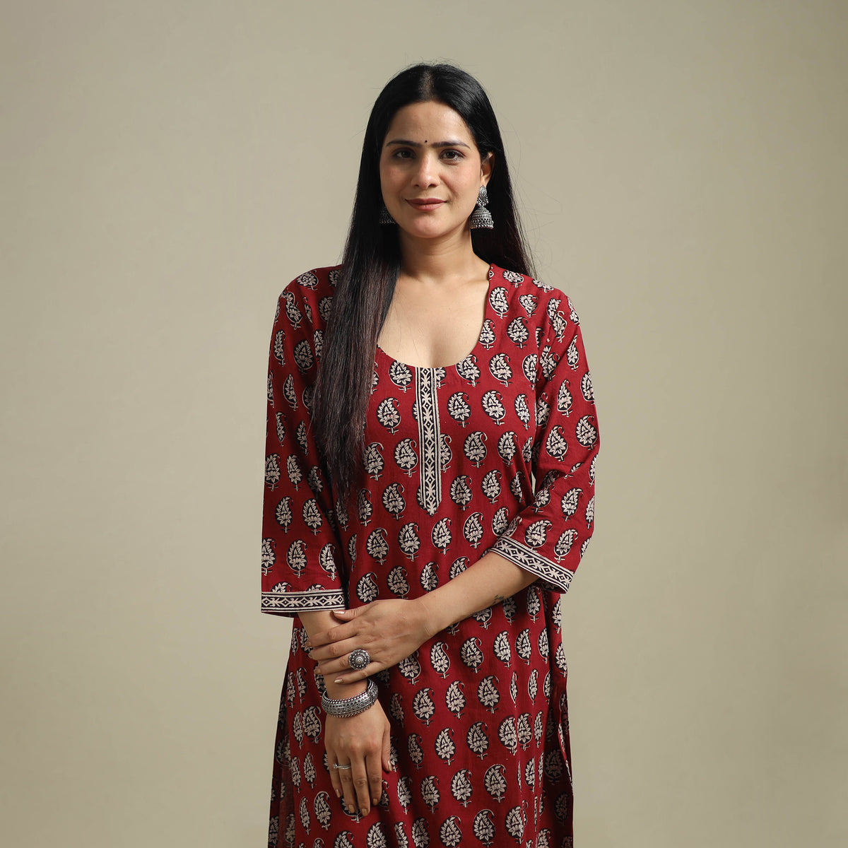 Red - Bagh Hand Block Print Natural Dyed Cotton Straight Kurta for women 04