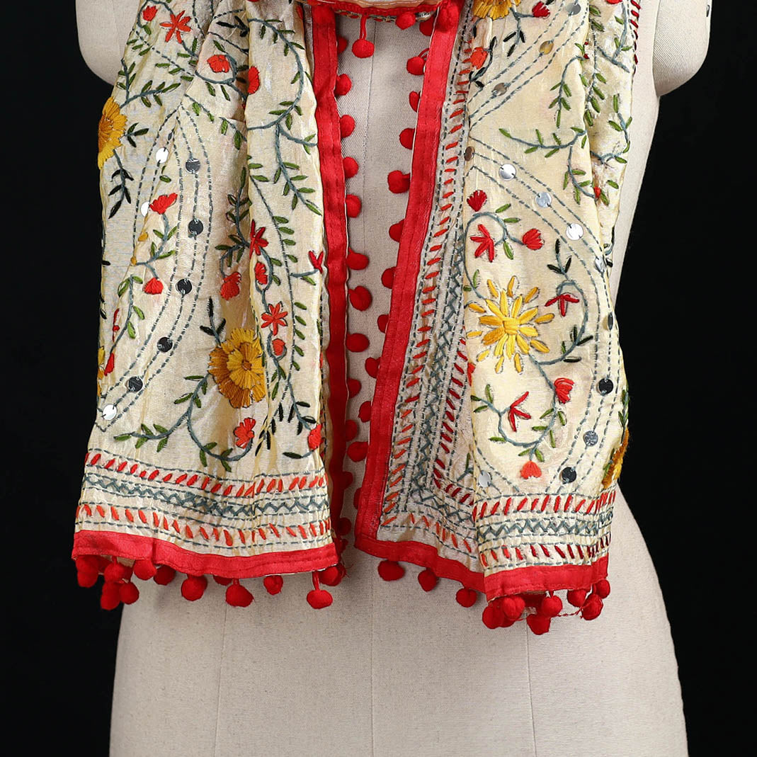 Ranihati Chanderi Silk Hand Embroidered Stole with Pom Pom 239