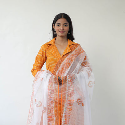 Orange - Handloom Cotton Pochampally Ikat Kurta Set with Dupatta 07