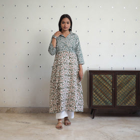 Green - Cotton A-Line Batik Print Kurta 05