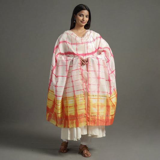Pink - Shibori Tie-Dye Handloom Chanderi Silk Dupatta with Zari Border 65