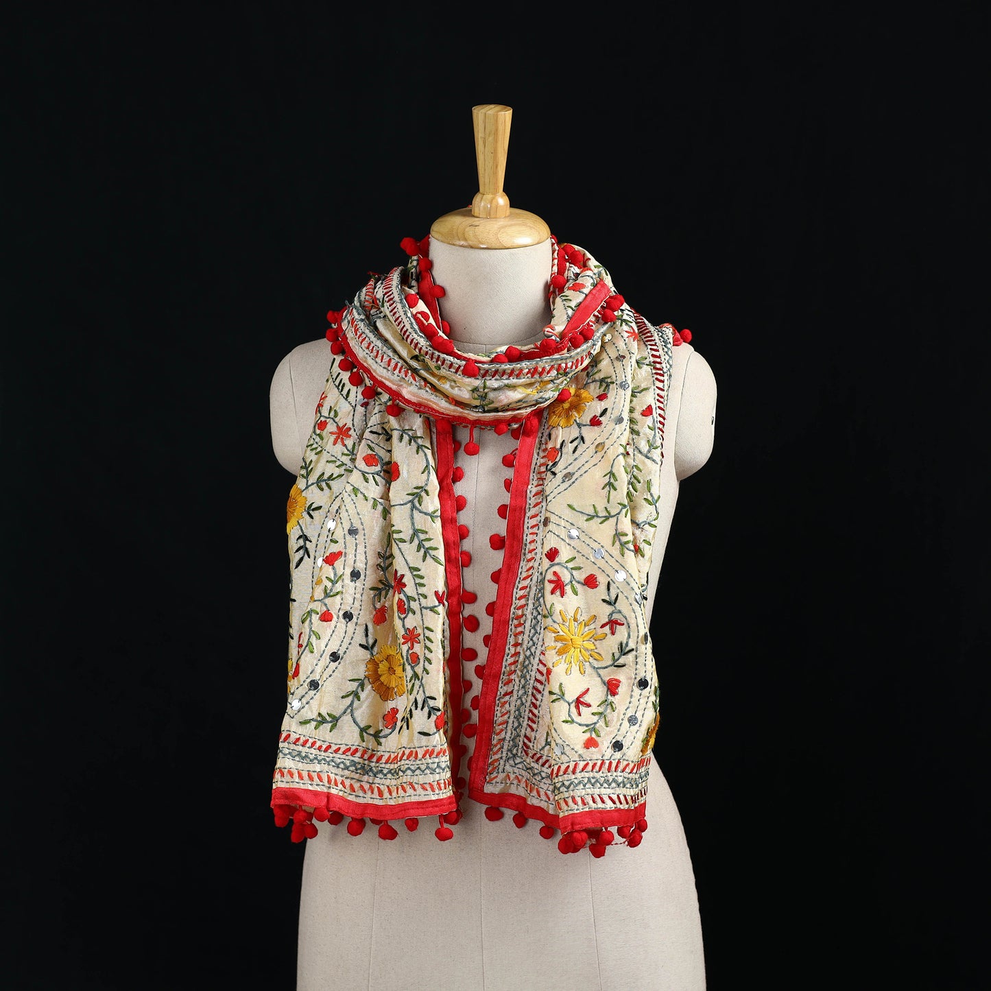 Ranihati Chanderi Silk Hand Embroidered Stole with Pom Pom 239