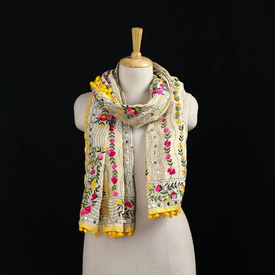 Ranihati Chanderi Silk Hand Embroidered Stole with Pom Pom 240