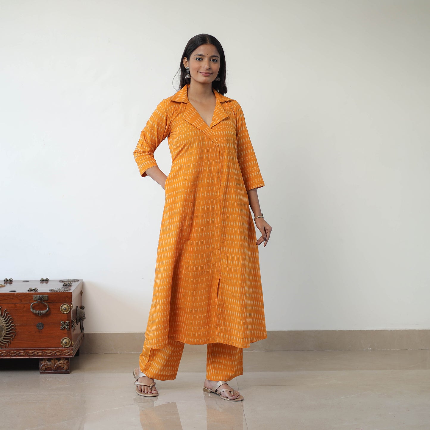 Orange - Handloom Cotton Pochampally Ikat Kurta Set with Dupatta 07