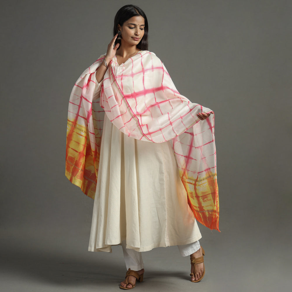 Pink - Shibori Tie-Dye Handloom Chanderi Silk Dupatta with Zari Border 65