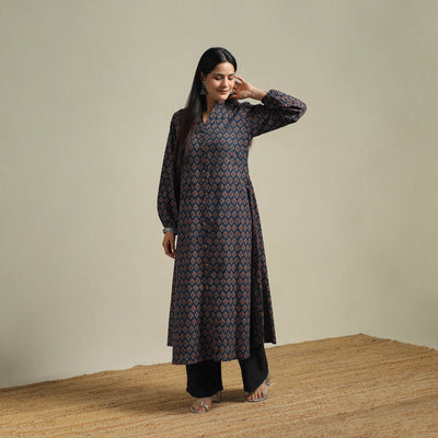 Ajrakh Hand Block Print Natural Dyed Cotton Button Down A-Line Long Kurta for women 01