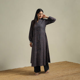 Ajrakh Hand Block Print Natural Dyed Cotton Button Down A-Line Long Kurta for women 01