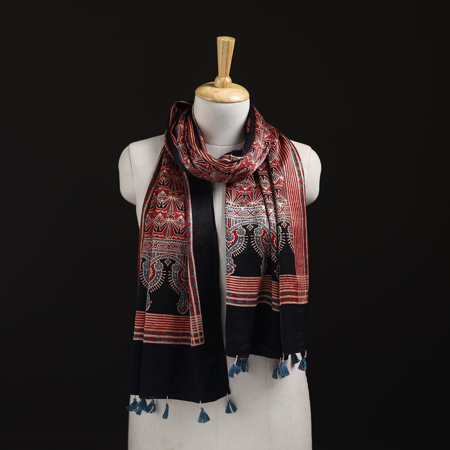 Ajrakh Hand Block Print Natural Dyed Mashru Silk Stole 03