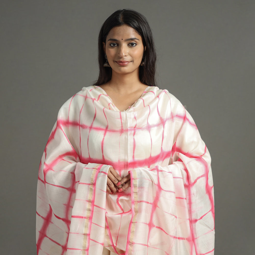 Pink - Shibori Tie-Dye Handloom Chanderi Silk Dupatta with Zari Border 65