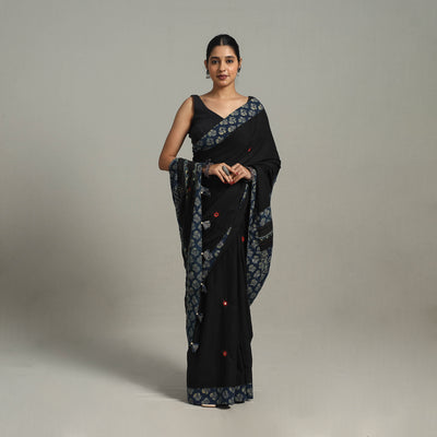 Black - Applique Patchwork Mul Cotton Tagai Ajrakh Saree 11