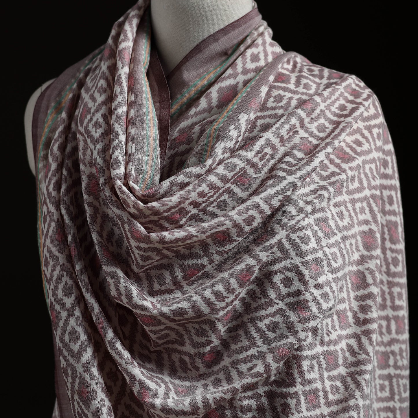 Pochampally Ikat Pure Handwoven Merino Wool x Silk Shawl 01