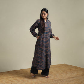 Ajrakh Hand Block Print Natural Dyed Cotton Button Down A-Line Long Kurta for women 01