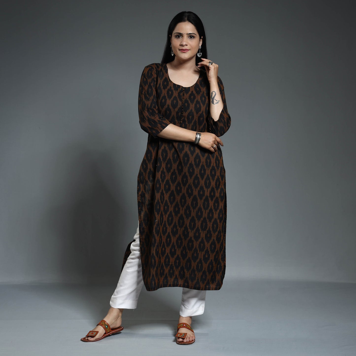 Black & Yellow - Pochampally Ikat Weave Cotton Long Straight Kurta