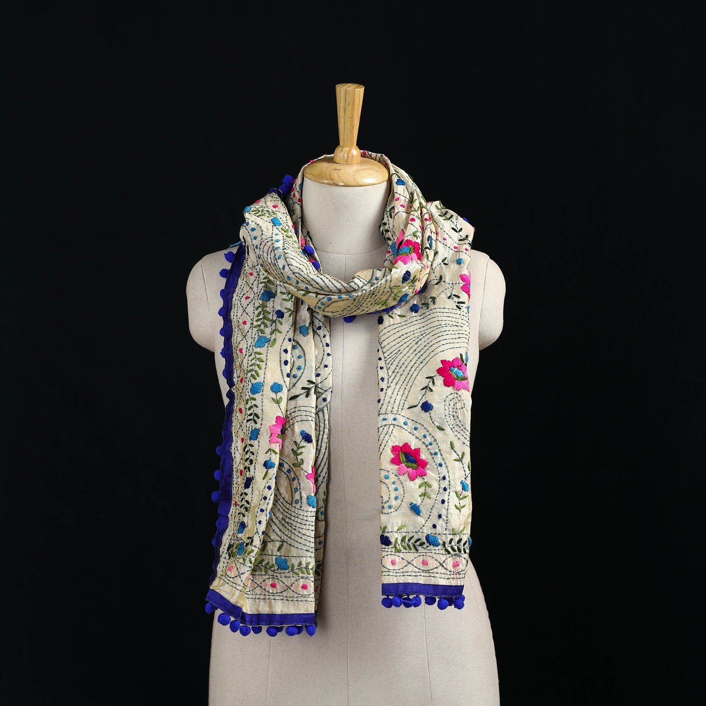 Ranihati Chanderi Silk Hand Embroidered Stole with Pom Pom 241