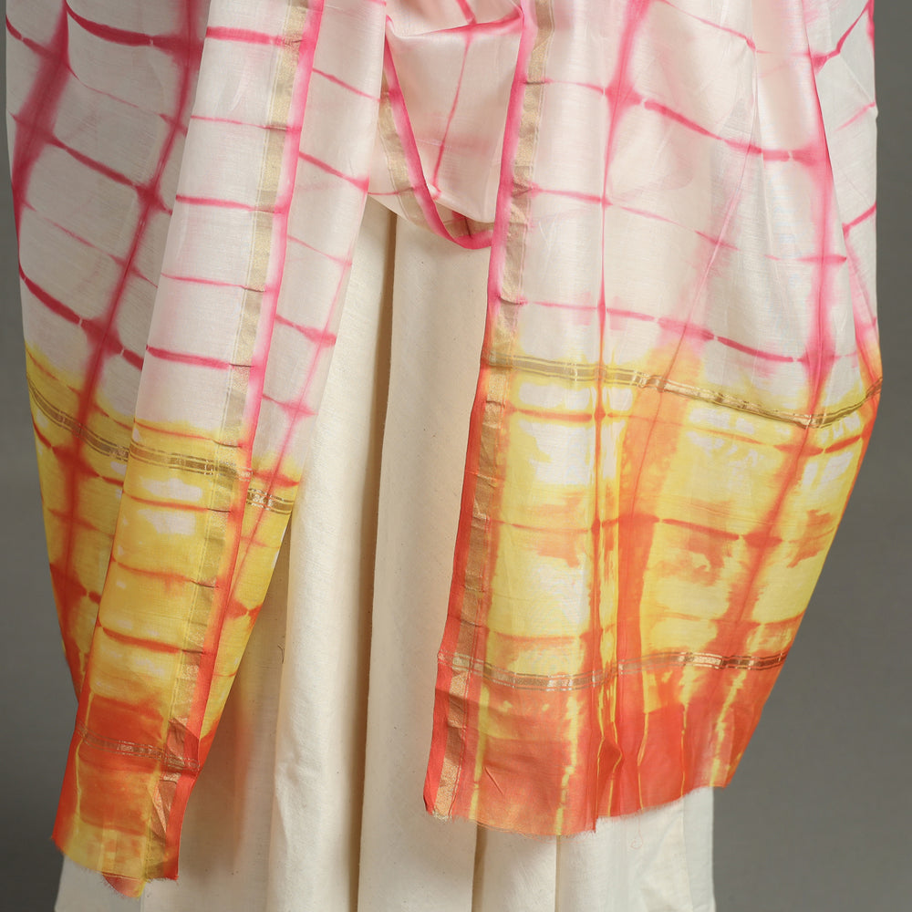 Pink - Shibori Tie-Dye Handloom Chanderi Silk Dupatta with Zari Border 65