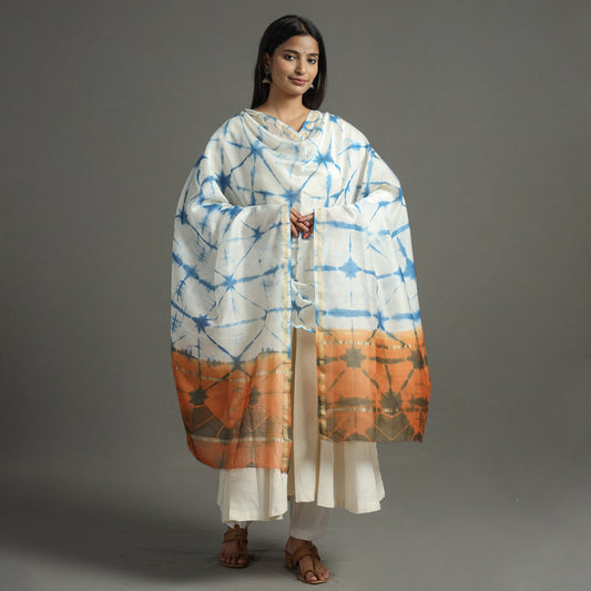 Blue - Shibori Tie-Dye Handloom Chanderi Silk Dupatta with Zari Border 66