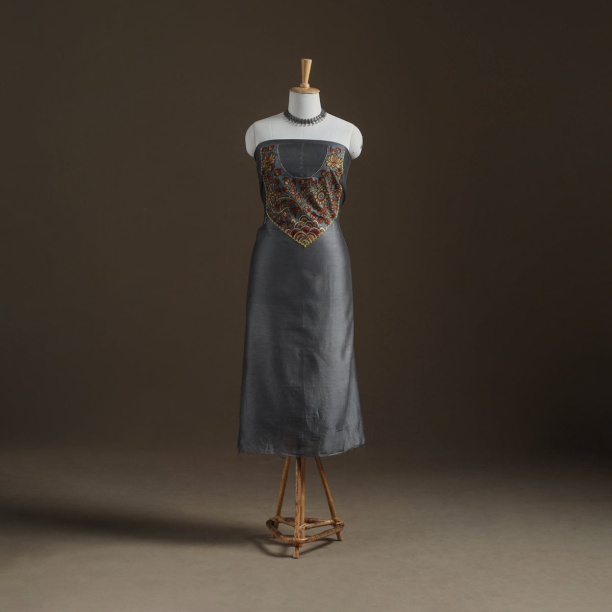 Grey - Handpainted Srikalahasti Handloom Chanderi Silk Unstitched Kurta (2.3M) 26