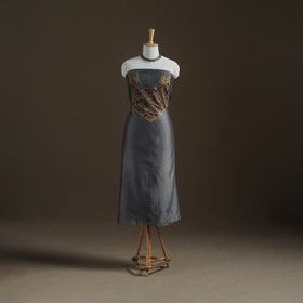 Grey - Handpainted Srikalahasti Handloom Chanderi Silk Unstitched Kurta (2.3M) 26