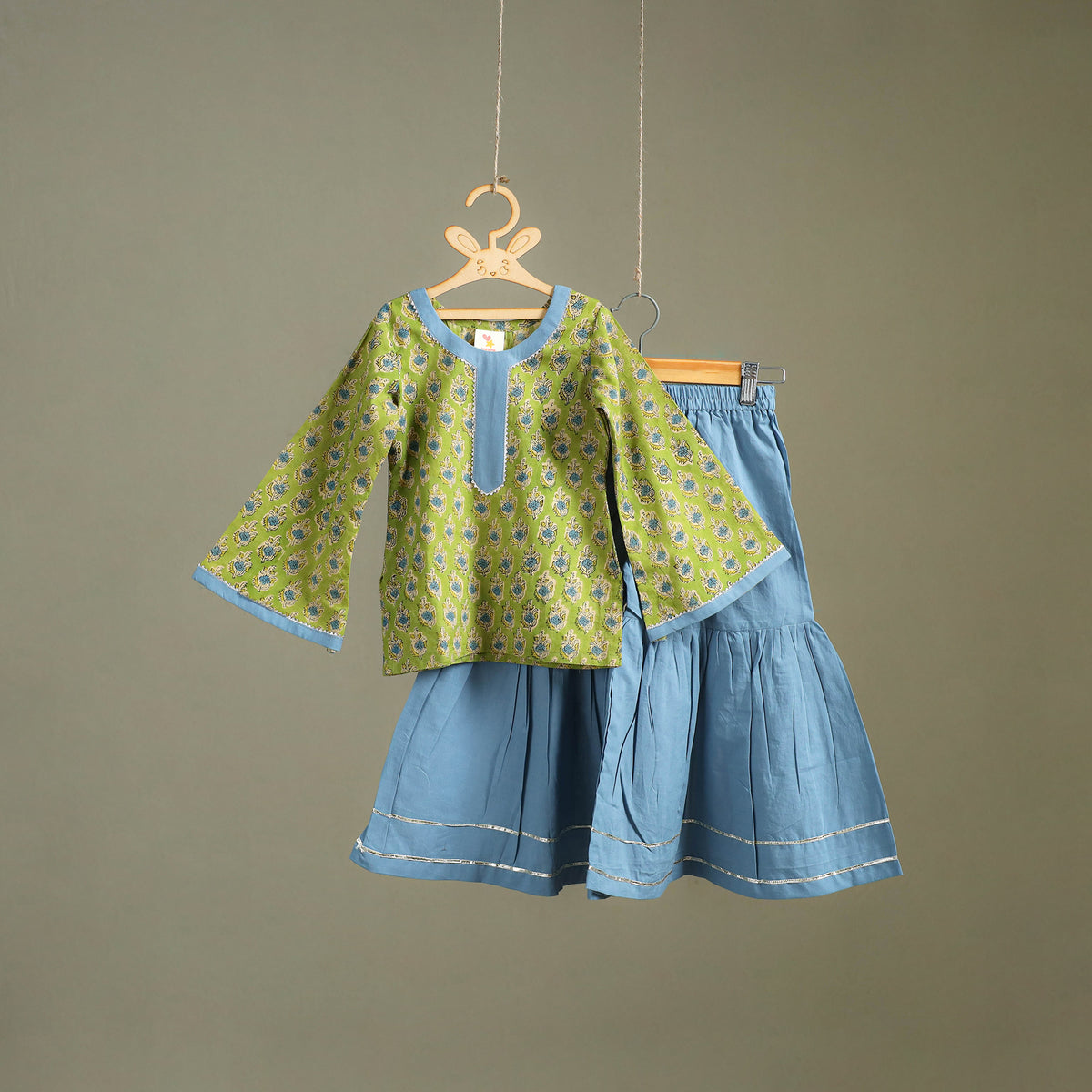 Girls Gota Work Floral Block Print Cotton Kurta with Sharara Set (3-4 Years) 18