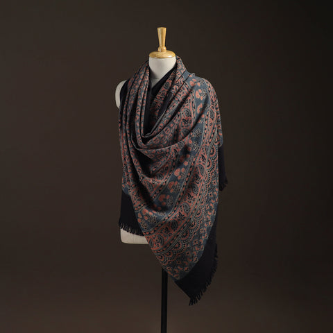 Merino Wool Natural Dyed Handwoven Hand Block Ajrakh Print Shawl 06