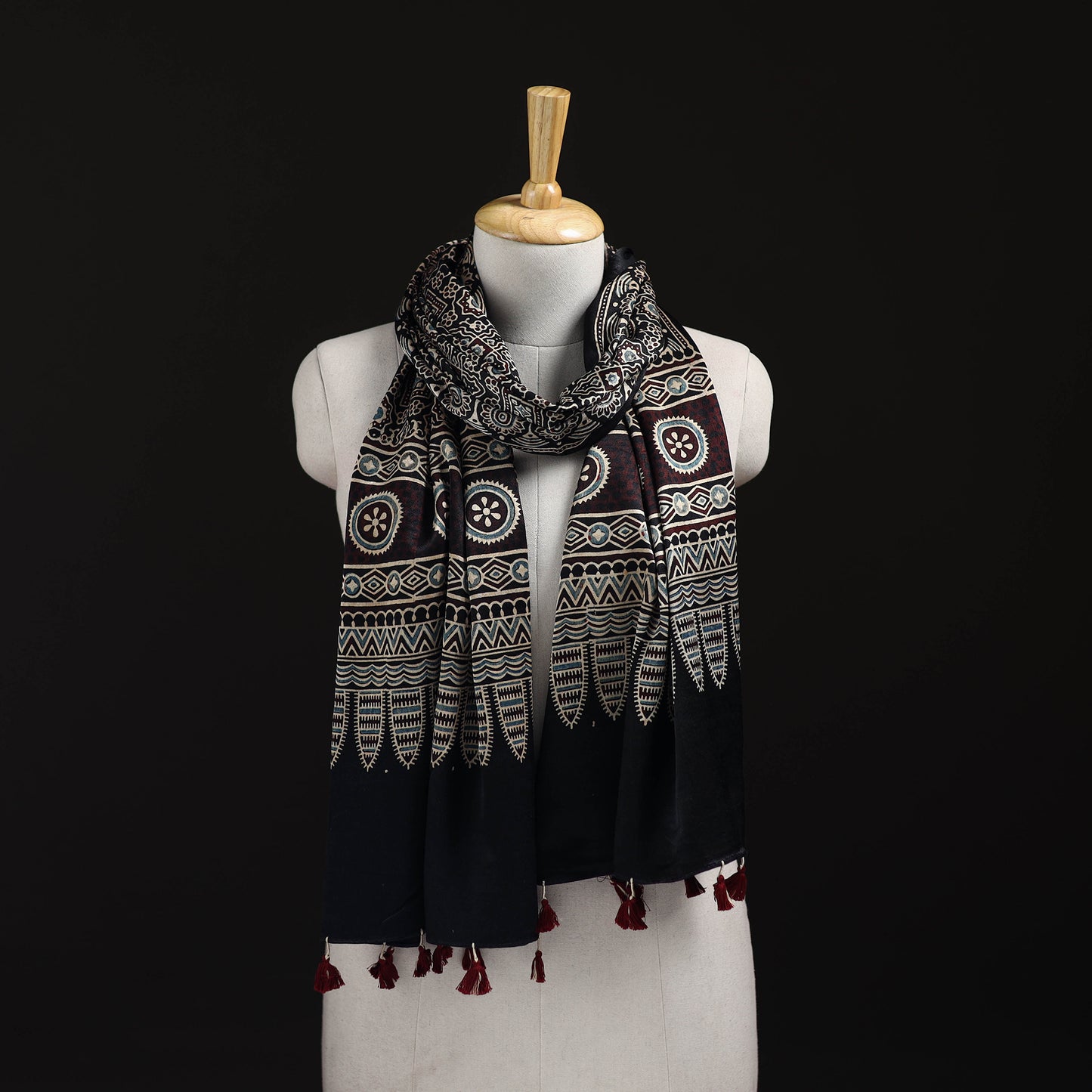 Ajrakh Hand Block Print Natural Dyed Mashru Silk Stole 05