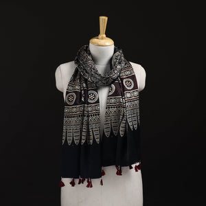 Black - Ajrakh Hand Block Print Natural Dyed Mashru Silk Stole 05