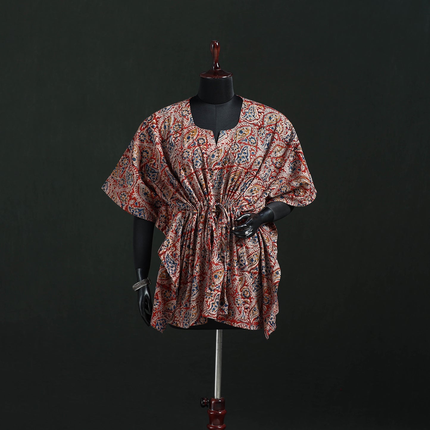 Red - Kalamkari Hand Block Print Natural Dyed Cotton Kaftan (Short) 32