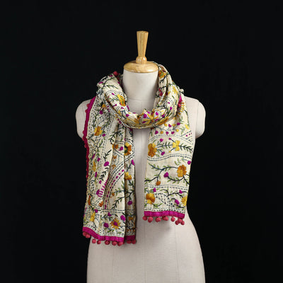 Ranihati Chanderi Silk Hand Embroidered Stole with Pom Pom 242