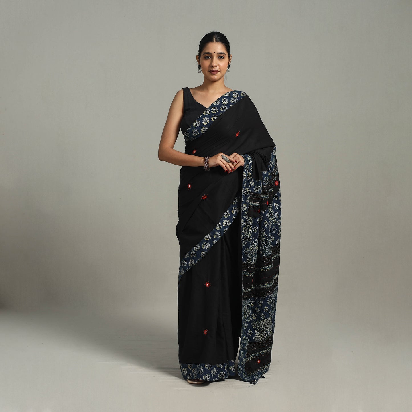 Black - Applique Patchwork Mul Cotton Tagai Ajrakh Saree 11