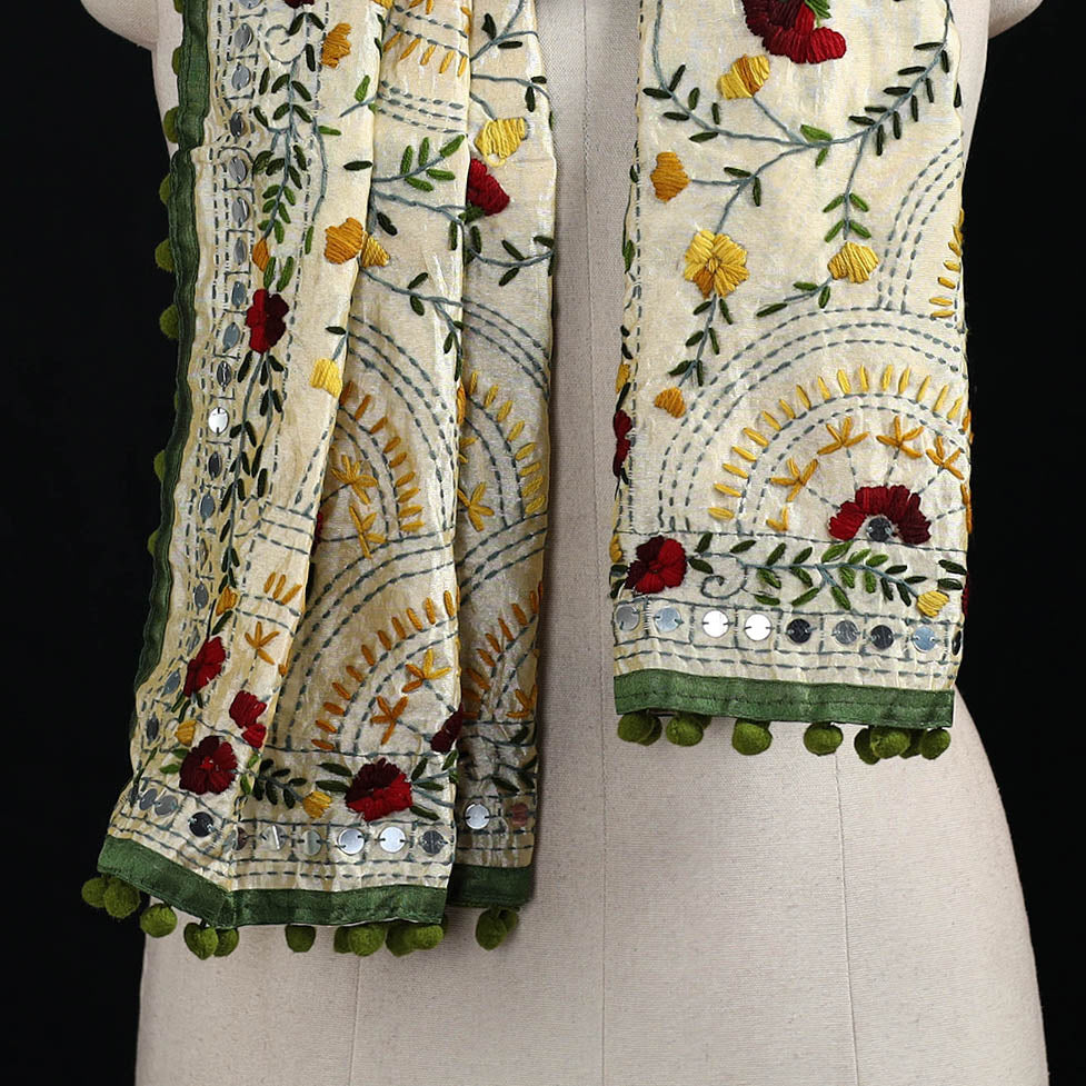 Ranihati Chanderi Silk Hand Embroidered Stole with Pom Pom 243