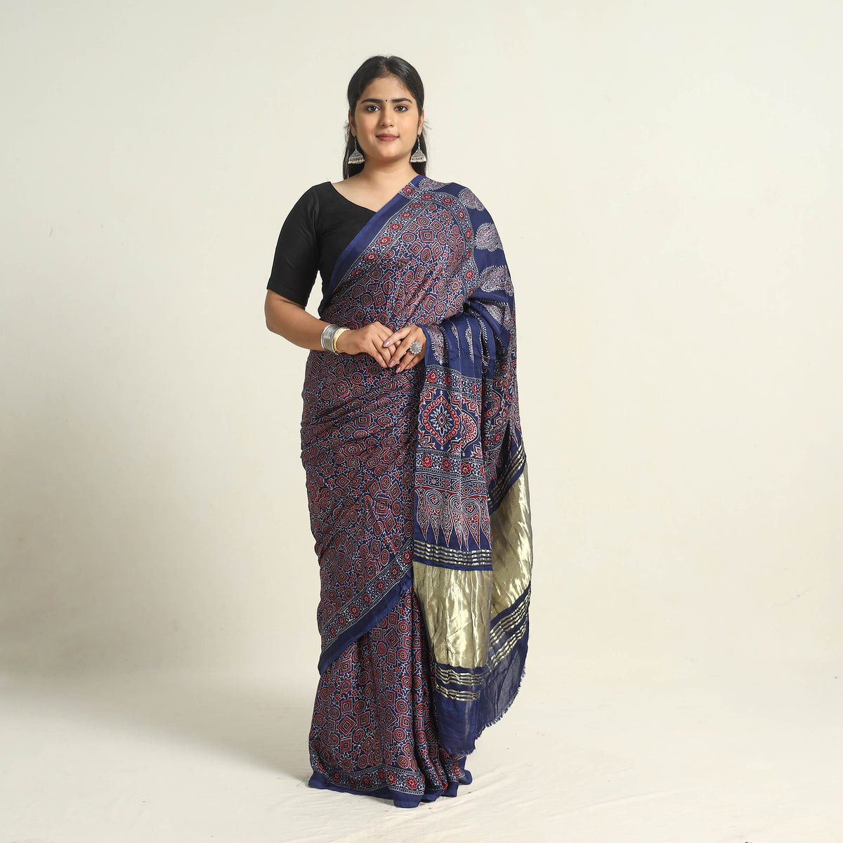 Blue - Modal Silk Block Printed Ajrakh Saree with Zari Border 73