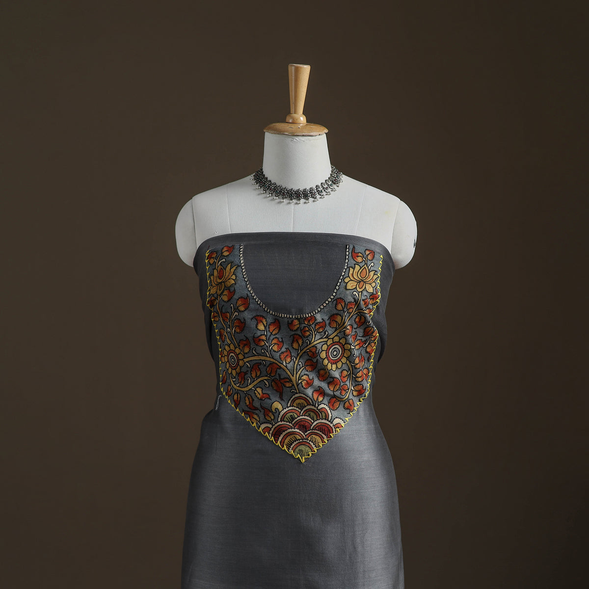 Grey - Handpainted Srikalahasti Handloom Chanderi Silk Unstitched Kurta (2.3M) 26