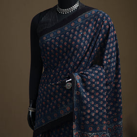 Ajrakh Hand Block Print Natural Dyed Pure Mul Cotton Saree 05