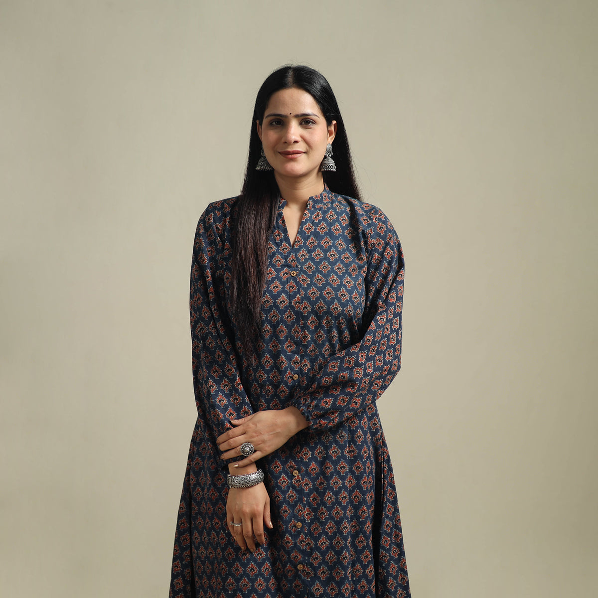 Ajrakh Hand Block Print Natural Dyed Cotton Button Down A-Line Long Kurta for women 01
