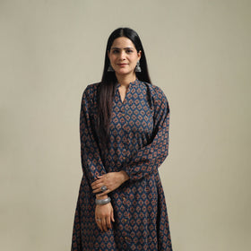 Ajrakh Hand Block Print Natural Dyed Cotton Button Down A-Line Long Kurta for women 01