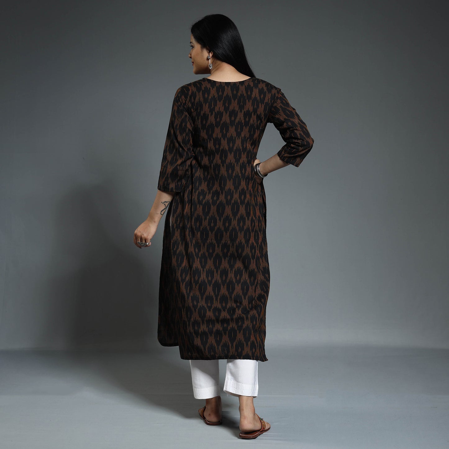 Black & Yellow - Pochampally Ikat Weave Cotton Long Straight Kurta