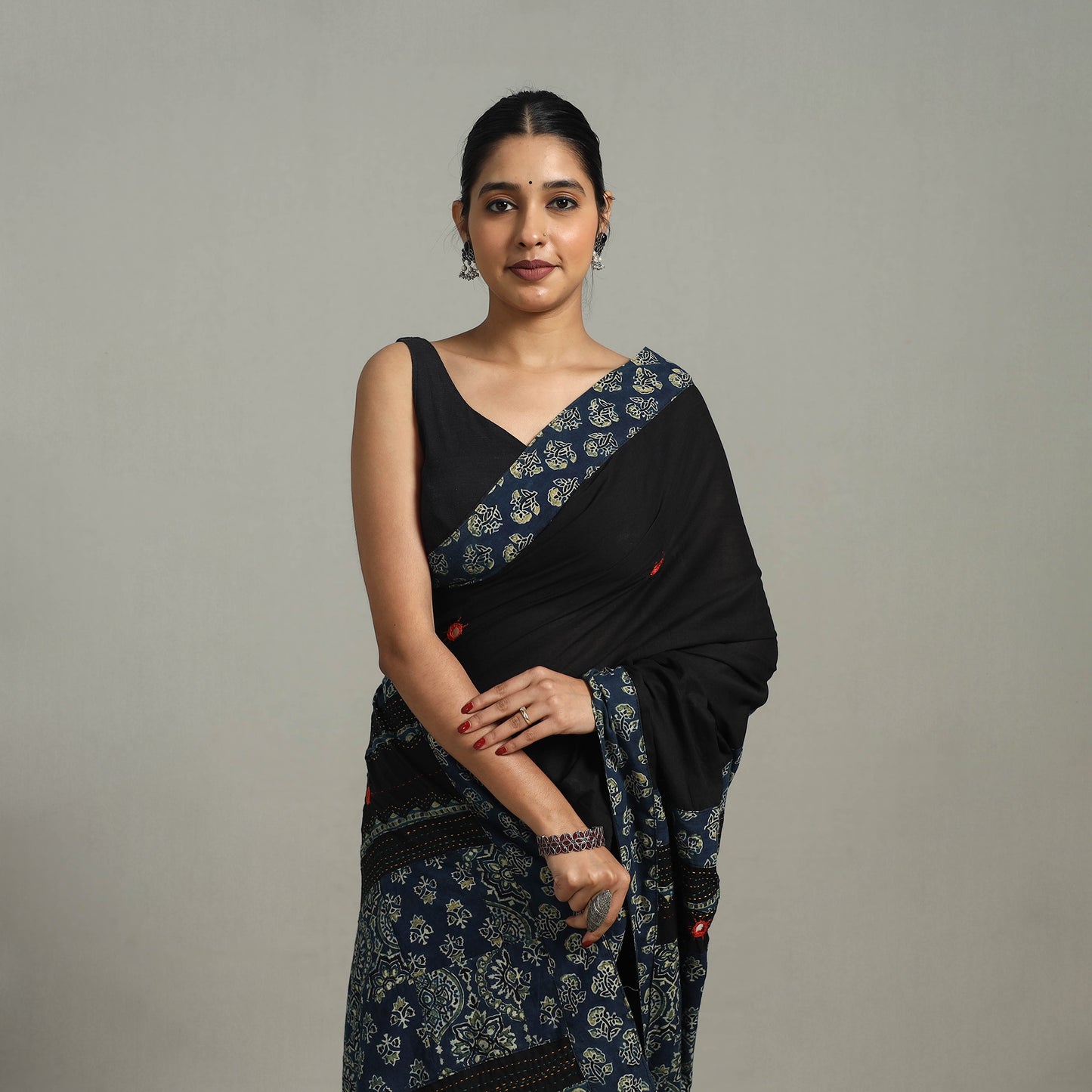 Black - Applique Patchwork Mul Cotton Tagai Ajrakh Saree 11