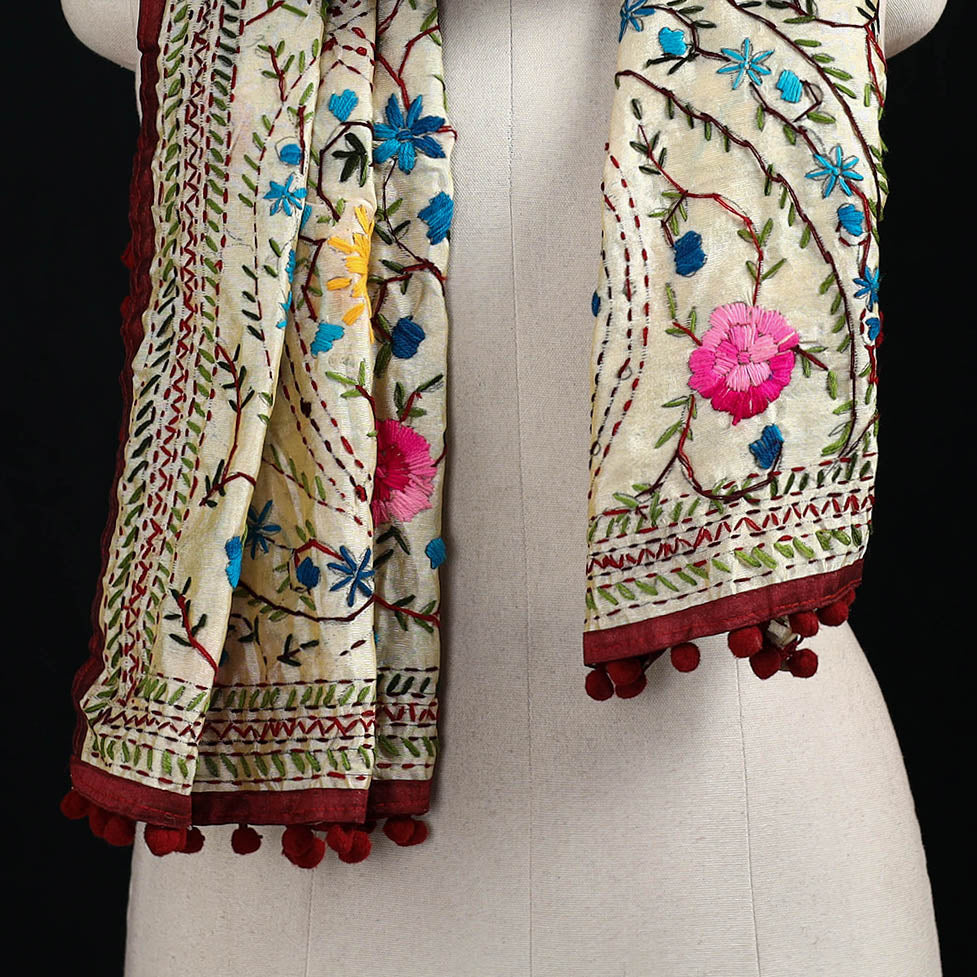 Ranihati Chanderi Silk Hand Embroidered Stole with Pom Pom 244