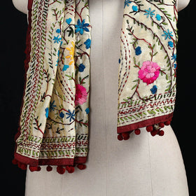 Ranihati Chanderi Silk Hand Embroidered Stole with Pom Pom 244