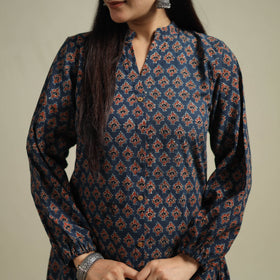 Ajrakh Hand Block Print Natural Dyed Cotton Button Down A-Line Long Kurta for women 01
