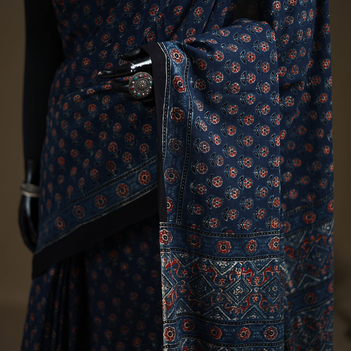 Ajrakh Hand Block Print Natural Dyed Pure Mul Cotton Saree 05