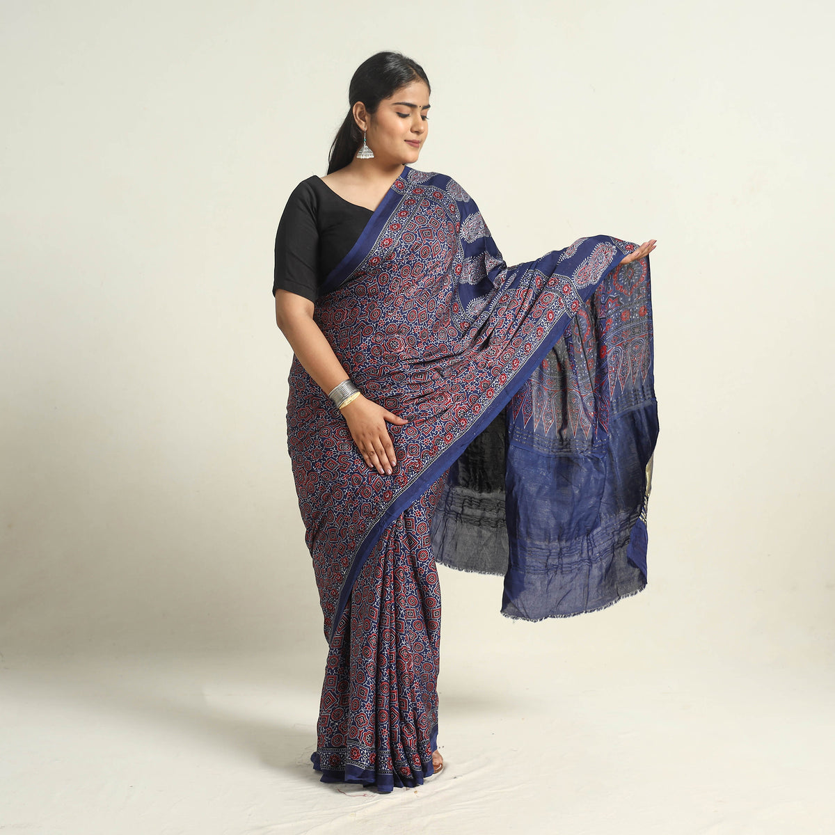 Blue - Modal Silk Block Printed Ajrakh Saree with Zari Border 73