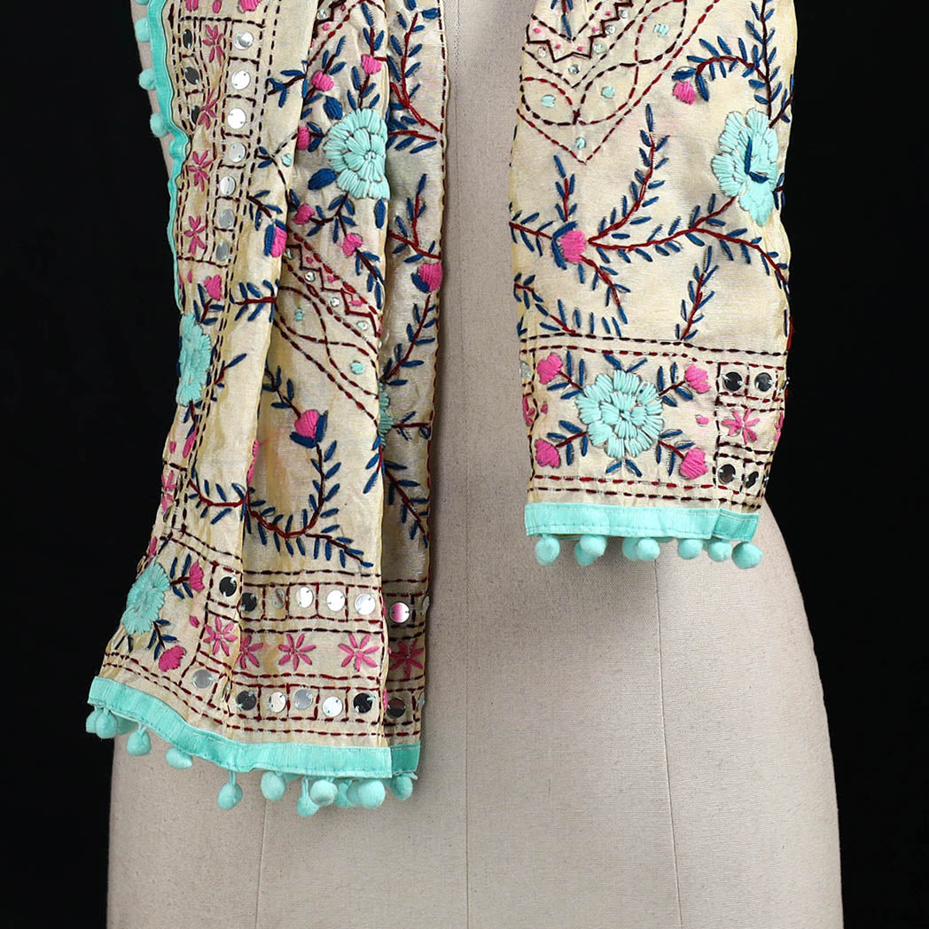 Ranihati Chanderi Silk Hand Embroidered Stole with Pom Pom 245