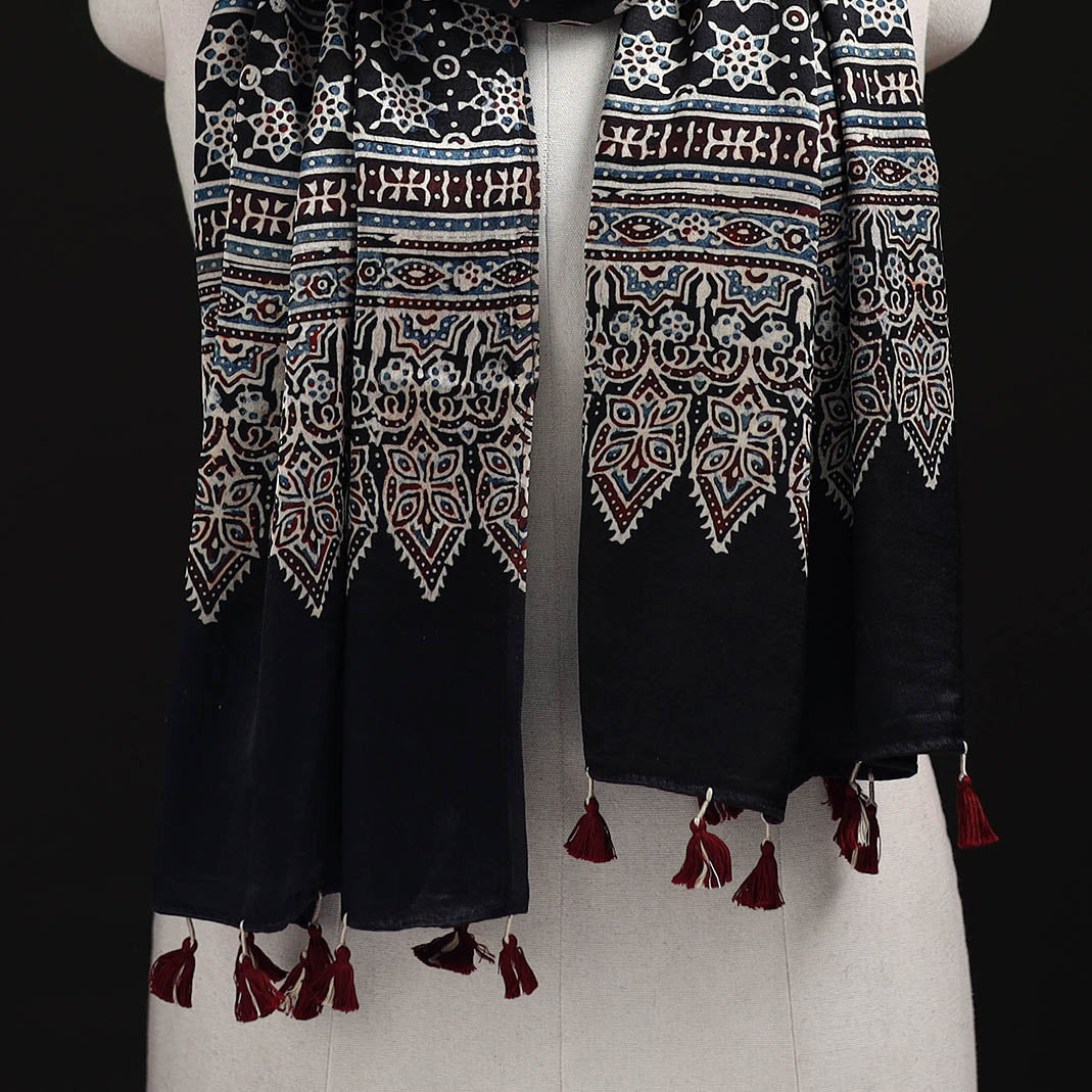 Ajrakh Hand Block Print Natural Dyed Mashru Silk Stole 07