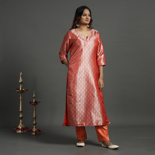 Red - Peach - Elegant Banarasi Brocade Silk Kurta with Pant Set