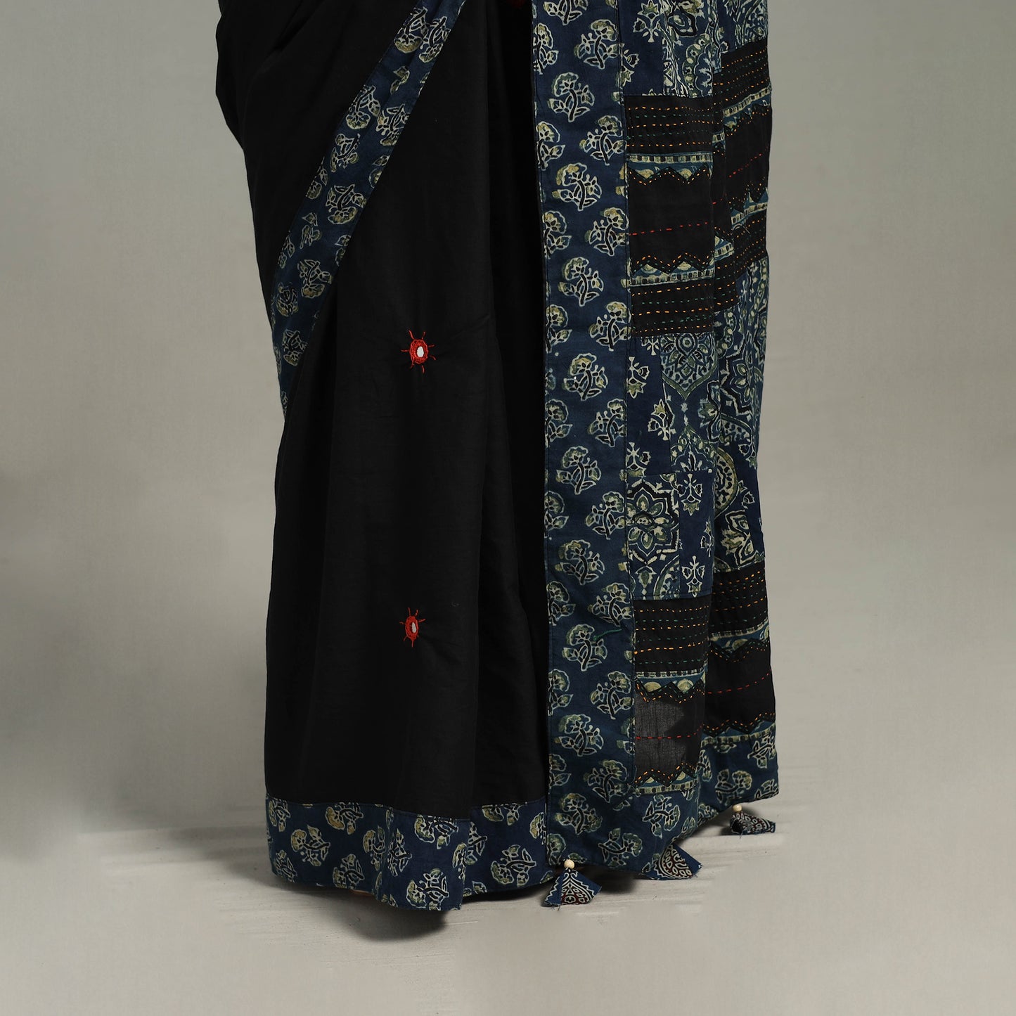 Black - Applique Patchwork Mul Cotton Tagai Ajrakh Saree 11