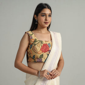 Yellow - Srikalahasti Handpainted Penwork Kalamkari Chanderi Silk Stitched Blouse 03