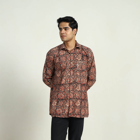 Red - Pedana Block Print Cotton Men Kalamkari Shirt 04