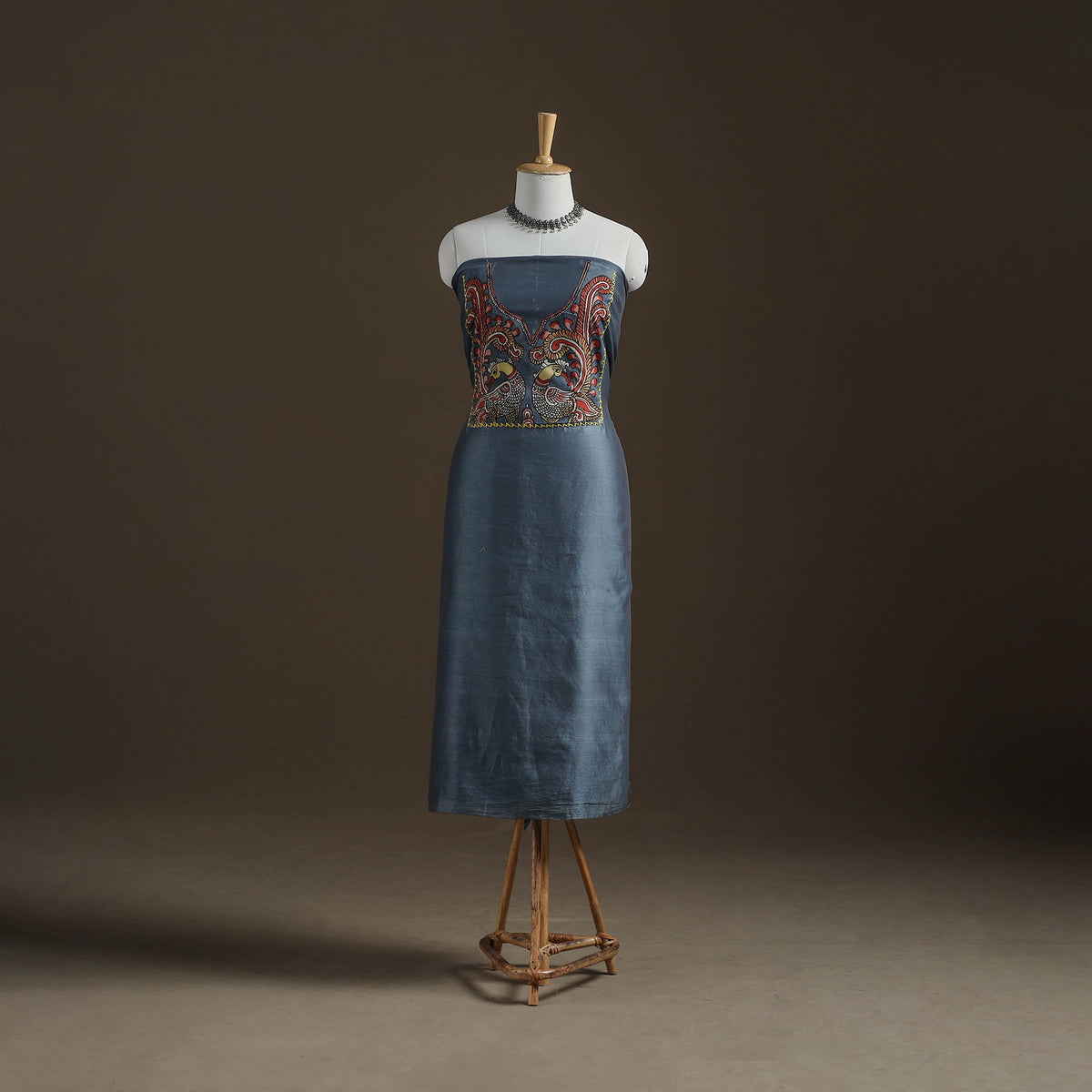 Blue - Handpainted Srikalahasti Handloom Chanderi Silk Unstitched Kurta (2.3M) 27